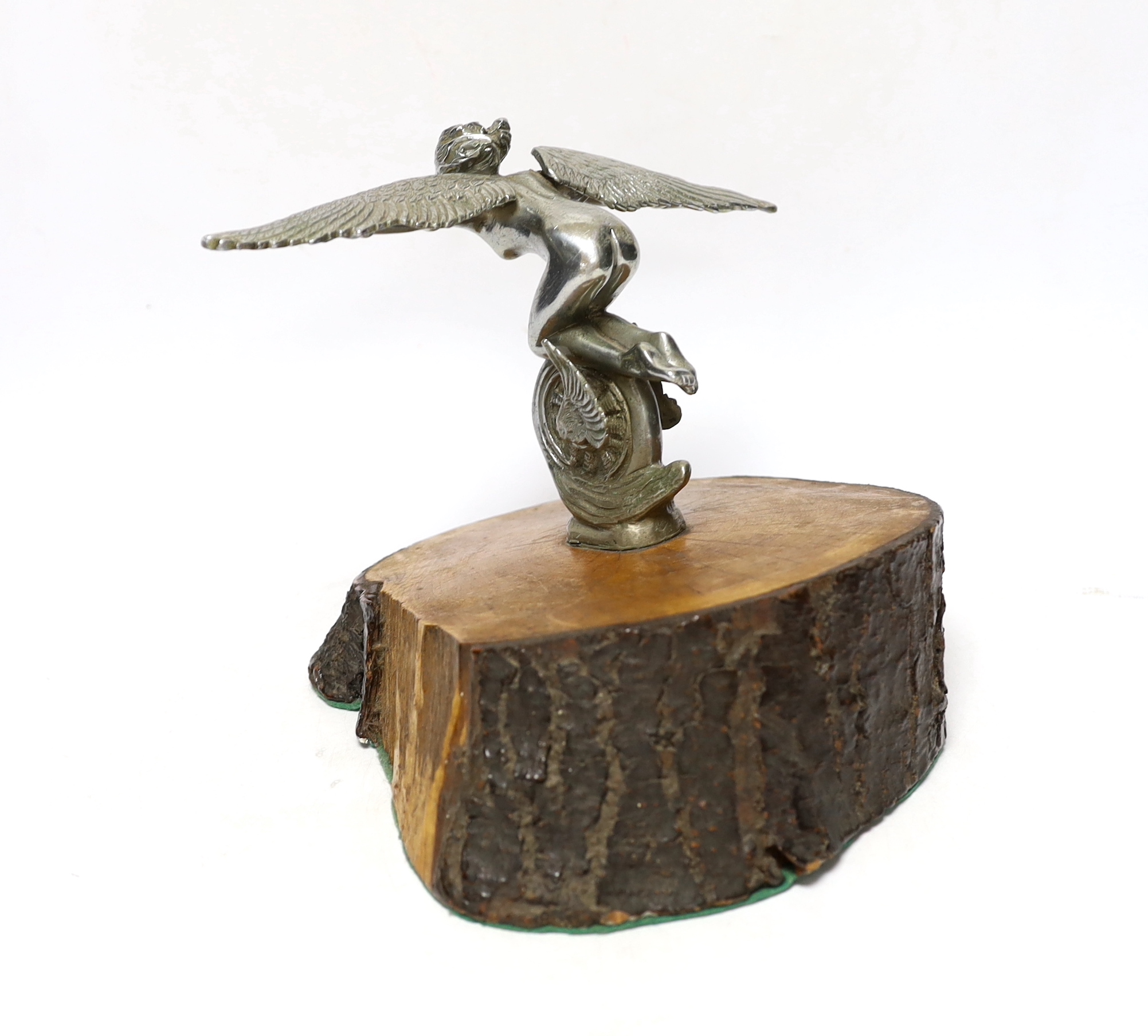 A vintage chrome plated car mascot of a winged female riding a wheel, mounted on a tree trunk cross-section, 19cm high